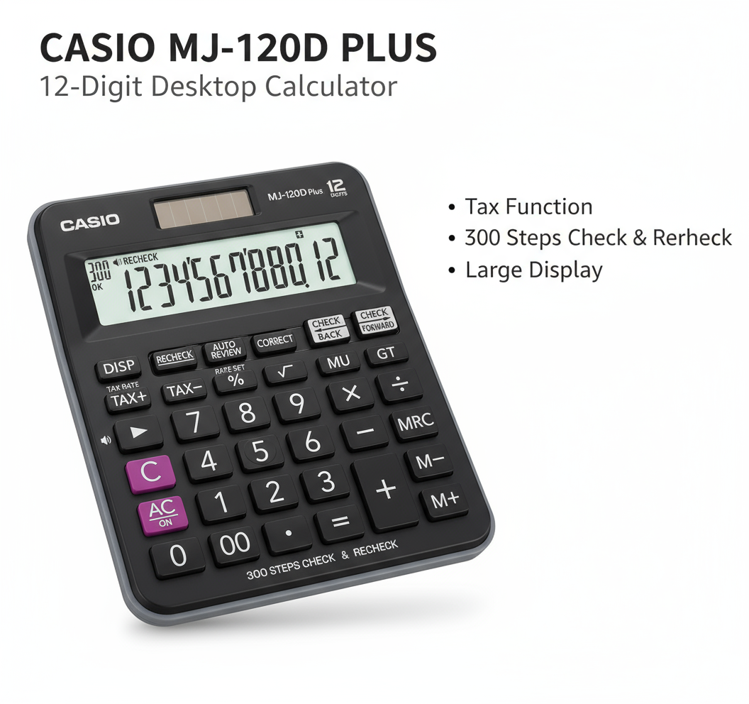 Casio MJ-120D Plus Desktop Calculator 12 Digit - UAE Office Calculator with Tax Function