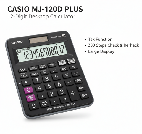 Casio MJ-120D Plus Desktop Calculator 12 Digit - UAE Office Calculator with Tax Function