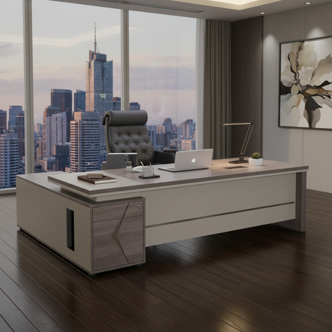 L-Shape Office Desk 1.6m Oak & Khaki | Premium Executive Desk UAE