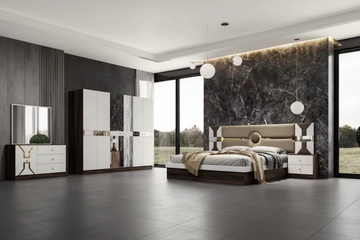 Complete Bedroom Set 180x200 UAE | 6-Door Wardrobe, Dressing Table & Side Tables | Premium Wooden Furniture Dubai