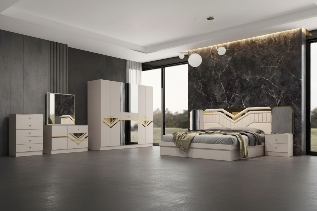 6-Piece Bedroom Set Dubai - King Size Bed 180x200cm with Wardrobe & Dressing Table UAE