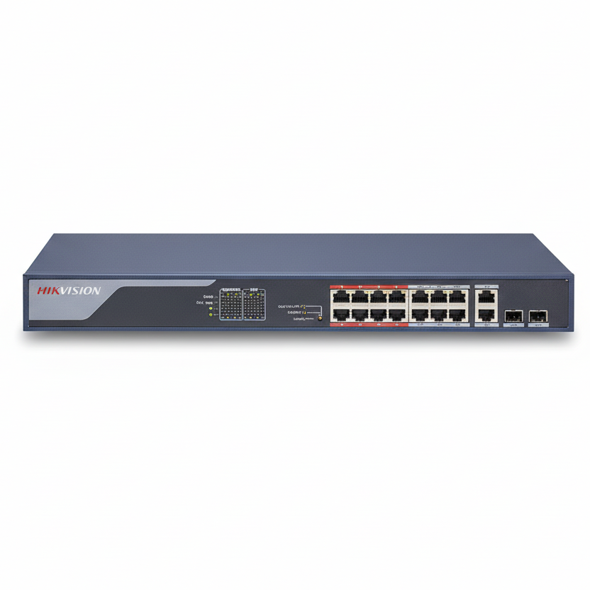 Hikvision DS-3E0318P-E-B 16-Port Fast Ethernet Unmanaged PoE Switch UAE | 250W PoE+ Network Switch Dubai Abu Dhabi Sharjah Ajman Umm Al Quwain Ras Al Khaimah Fujairah