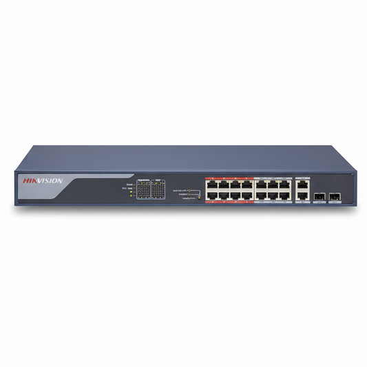 Hikvision DS-3E0318P-E-B 16-Port Fast Ethernet Unmanaged PoE Switch UAE | 250W PoE+ Network Switch Dubai Abu Dhabi Sharjah Ajman Umm Al Quwain Ras Al Khaimah Fujairah