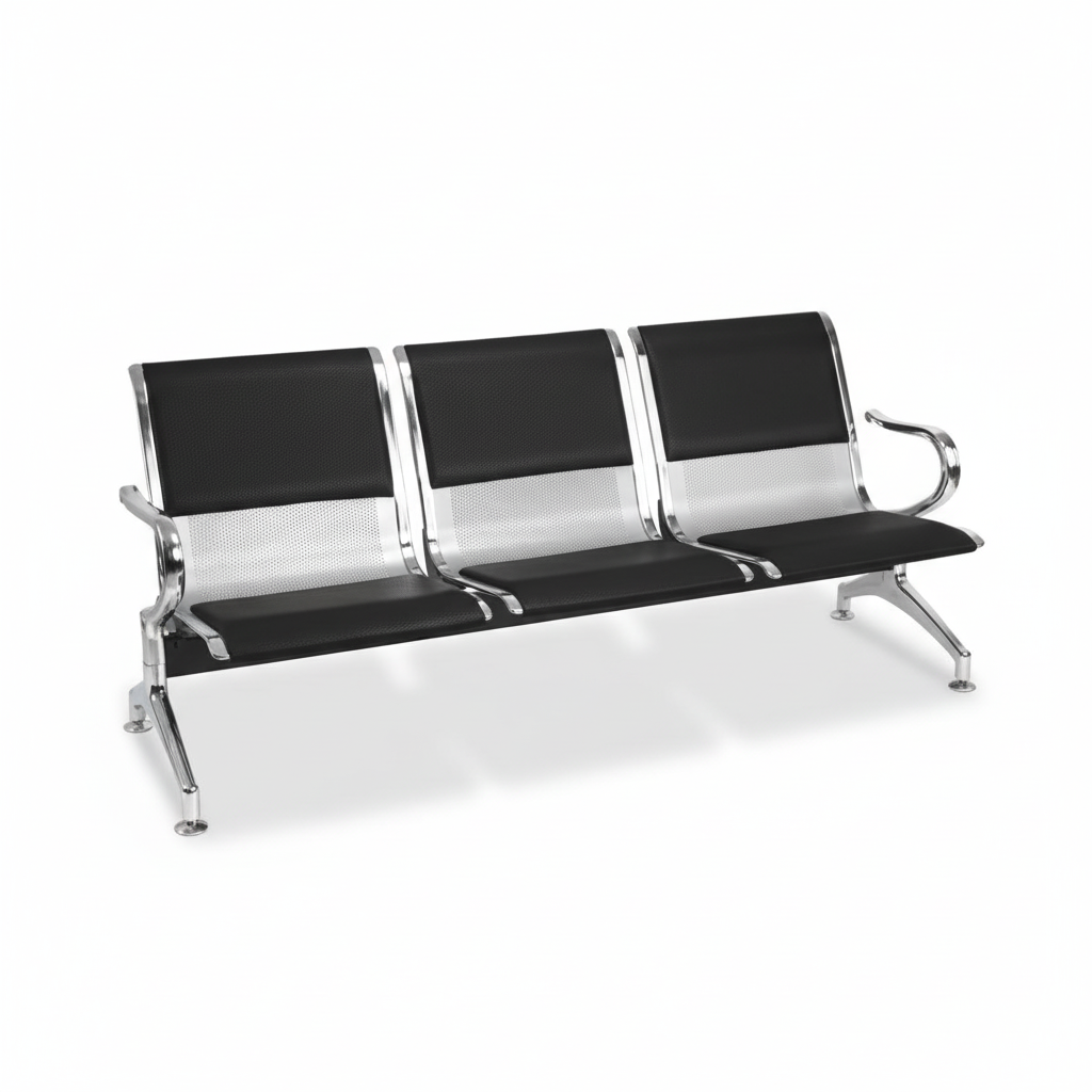 Airport Chair 3-Seater Steel Silver & Black PVC - UAE Delivery