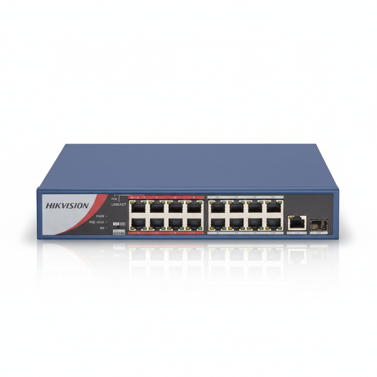 Hikvision DS-3E0318P-E/B 16-Port Fast Ethernet Unmanaged PoE Switch UAE | 250W PoE+ Network Switch Dubai Abu Dhabi Sharjah Ajman Umm Al Quwain Ras Al Khaimah Fujairah