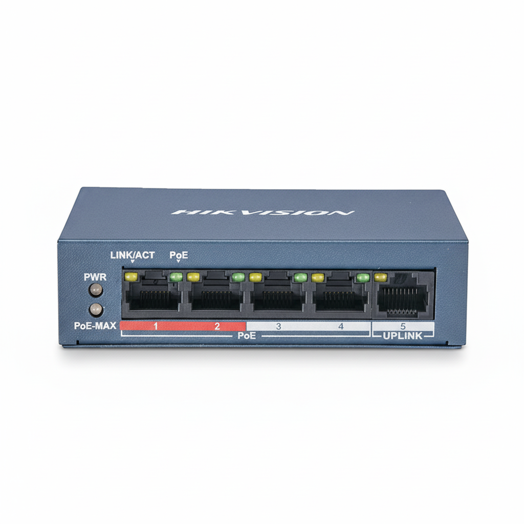 Hikvision DS-3E0105P-E/M 4-Port Fast Ethernet Unmanaged PoE Switch UAE | 60W PoE+ Network Switch Dubai Abu Dhabi Sharjah Ajman Umm Al Quwain Ras Al Khaimah Fujairah