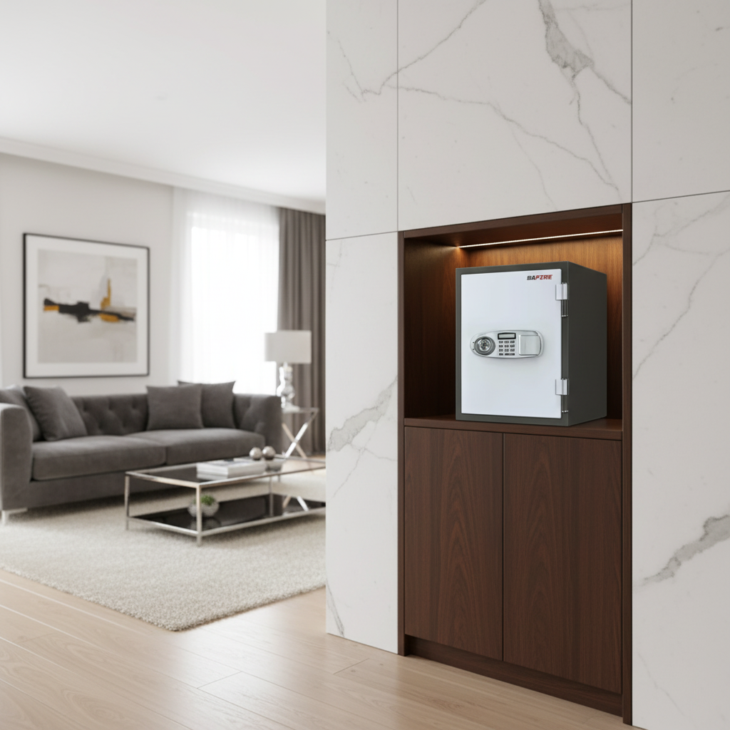 SAFIRE FR 30 Fire Safe Built into Luxury Living Room Cabinet UAE – Vertical Digital and Key Lock Safe | INFINI HOMES