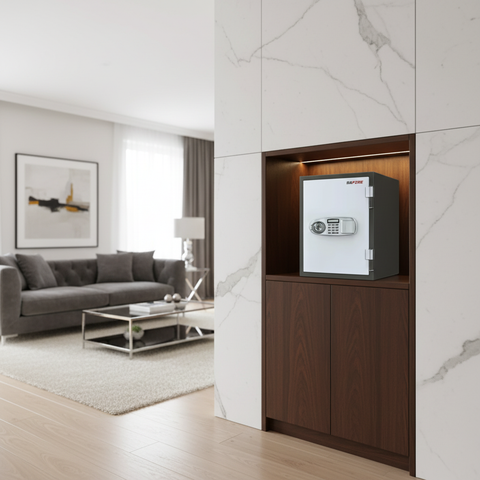 SAFIRE FR 30 Fire Safe Built into Luxury Living Room Cabinet UAE – Vertical Digital and Key Lock Safe | INFINI HOMES
