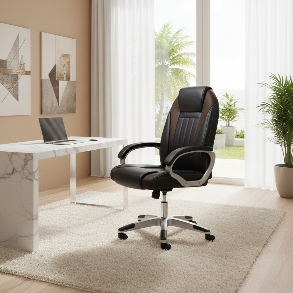 INFINI HOMES IH 7121 High Back PU Leather Office Chair in black with chrome base, styled in a modern UAE home office with marble desk – available across Dubai, Abu Dhabi and all emirates