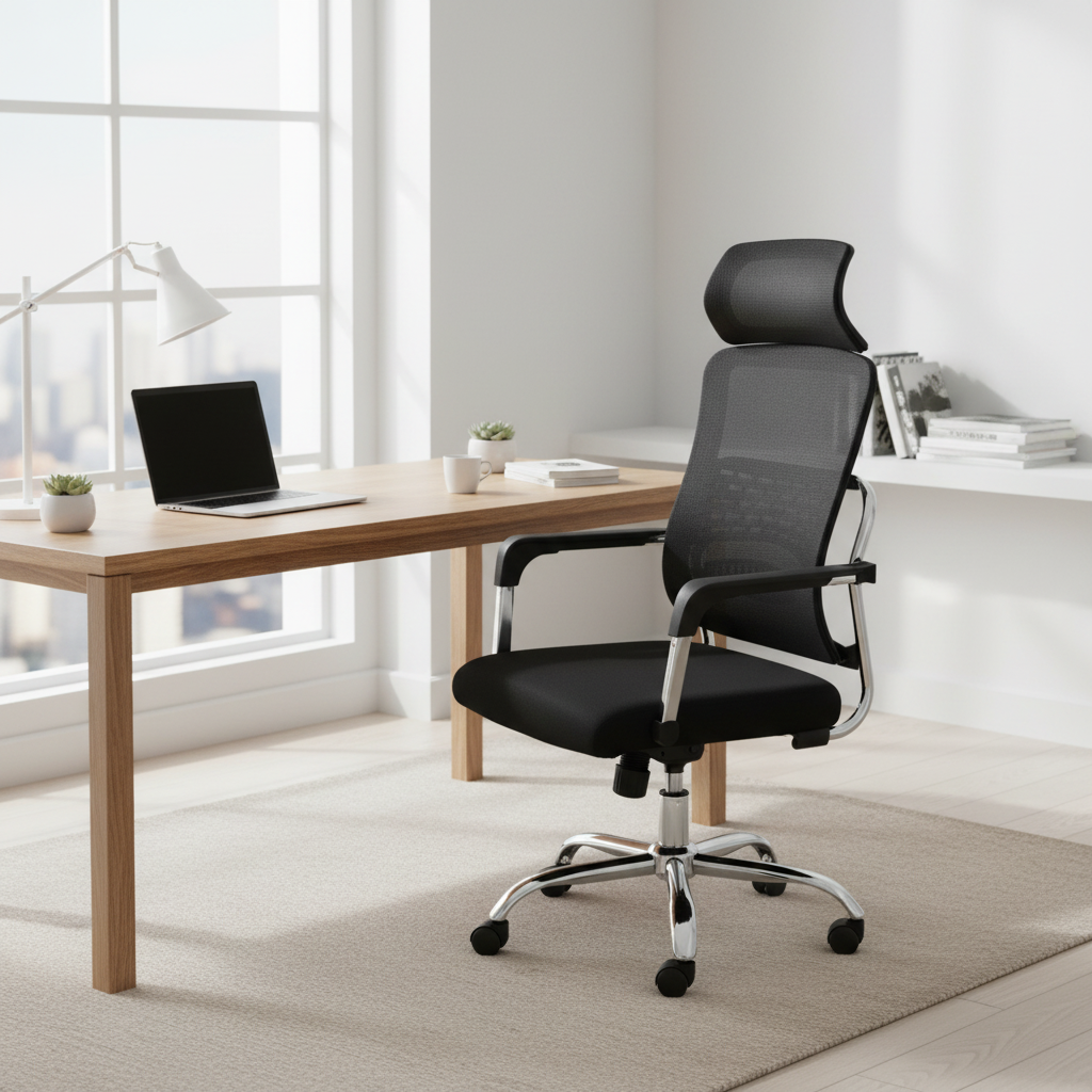 Mesh high back office chair in black home office setup – ergonomic seating for remote work in UAE