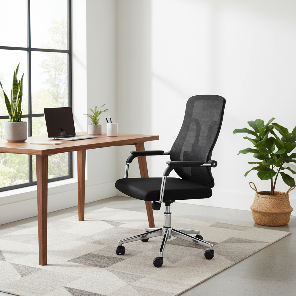 Medium Back Black Mesh Office Chair with Chrome Base in Modern Home Office – Buy Online UAE | INFINI HOMES