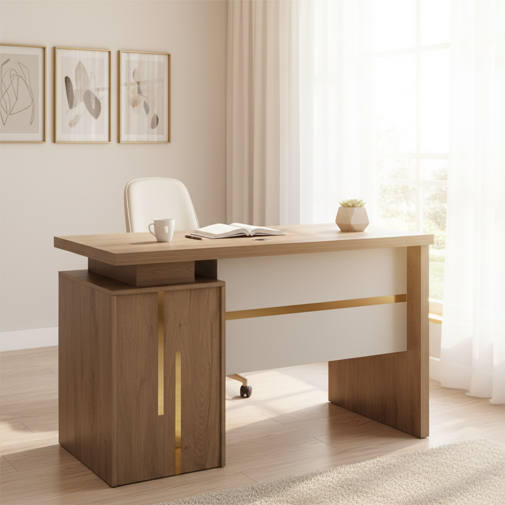 Modern wooden office desk with gold accent trim styled in a bright home office in UAE – buy office furniture online