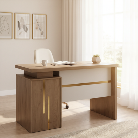 Modern wooden office desk with gold accent trim styled in a bright home office in UAE – buy office furniture online