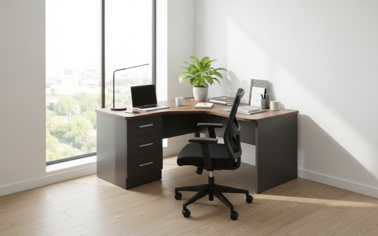 INFINI HOMES L Shape Table UAE - Coffee Brown 140x140cm Fixed Drawer Dubai Abu Dhabi Sharjah