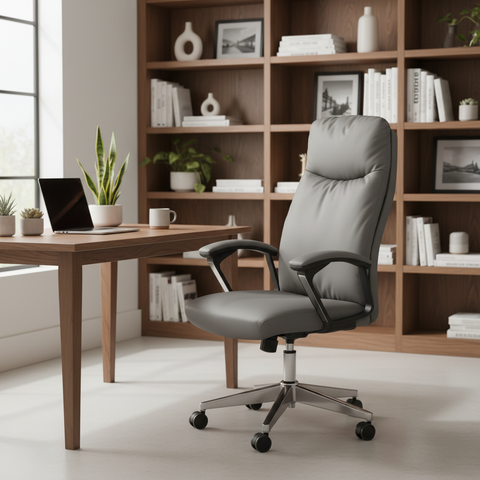 Executive Office Grey Chair High Back PU Leather Boss Chair UAE | Chrome Base Ergonomic Desk Chair | IH A35