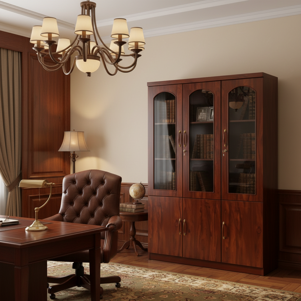 Walnut Book Cabinet with Lockable Glass Doors in Luxury Home Office UAE | IH 903 INFINI HOMES