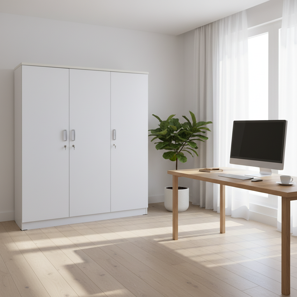 3-Door White Wardrobe in Home Office - Modern Storage Cabinet Dubai Abu Dhabi UAE