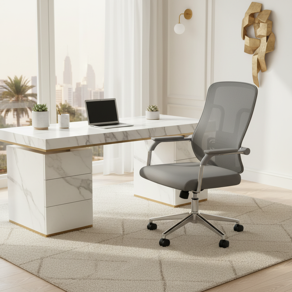 Medium Back Grey Mesh Office Chair with Chrome Base in Luxury UAE Home Office – Buy Online Dubai | INFINI HOMES
