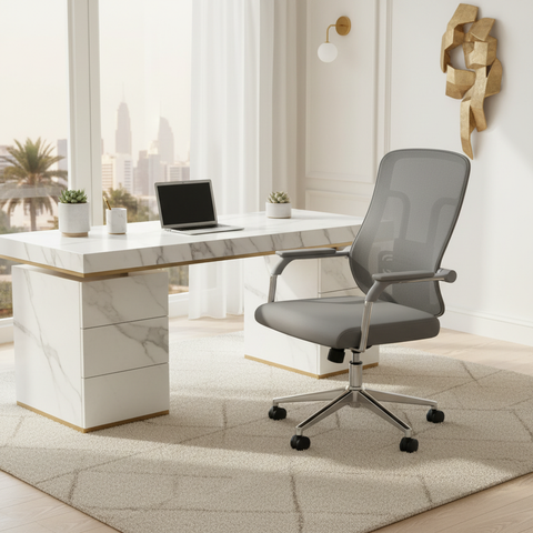Medium Back Grey Mesh Office Chair with Chrome Base in Luxury UAE Home Office – Buy Online Dubai | INFINI HOMES