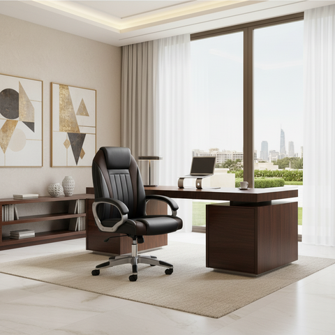 INFINI HOMES IH 7121 High Back Executive Chair in black PU leather styled in a luxury home office with Dubai city view – ergonomic office chair available UAE-wide