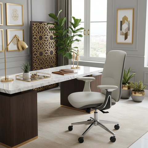 Premium High Back Office Chair - Beige & Grey PU Leather | UAE Delivery