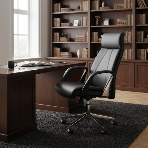 Black ergonomic PU leather office chair IH-954H-BLK styled in a premium home office with wooden desk and bookshelf – home office furniture UAE
