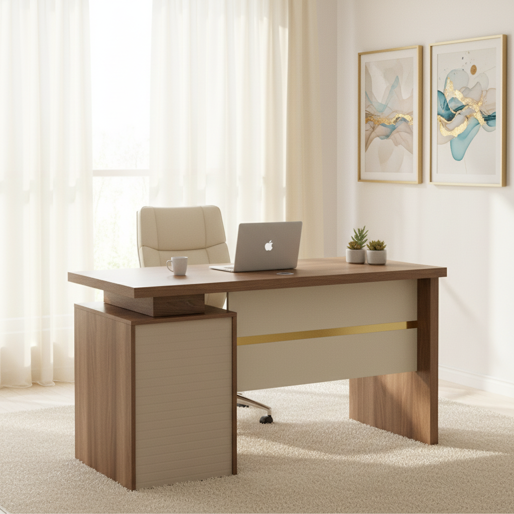 Walnut modern home office desk with gold accent in bright UAE home office setup – IH-L952-WAL 140cm
