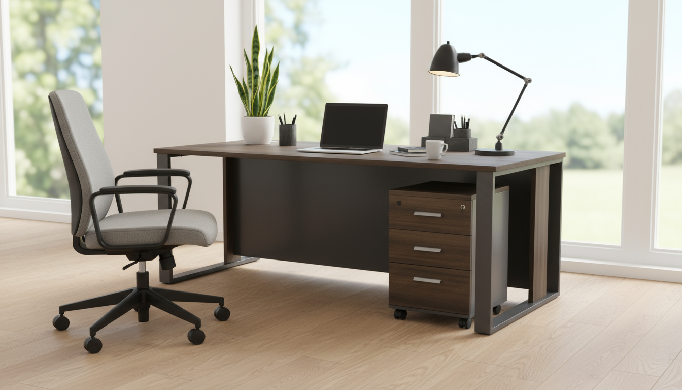Office Desk with Metal Legs & Pedestal Drawer 180cm - Walnut Grey | Dubai UAE