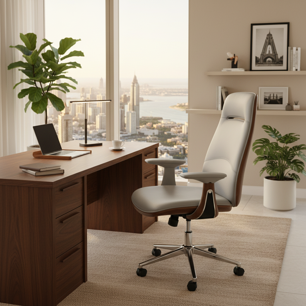 Premium High Back Office Chair Beige & Brown | Ergonomic PU Leather Executive Chair UAE