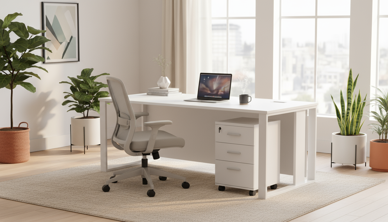 Office Desk 180cm with Metal Legs & Drawer - White Executive Table Dubai UAE