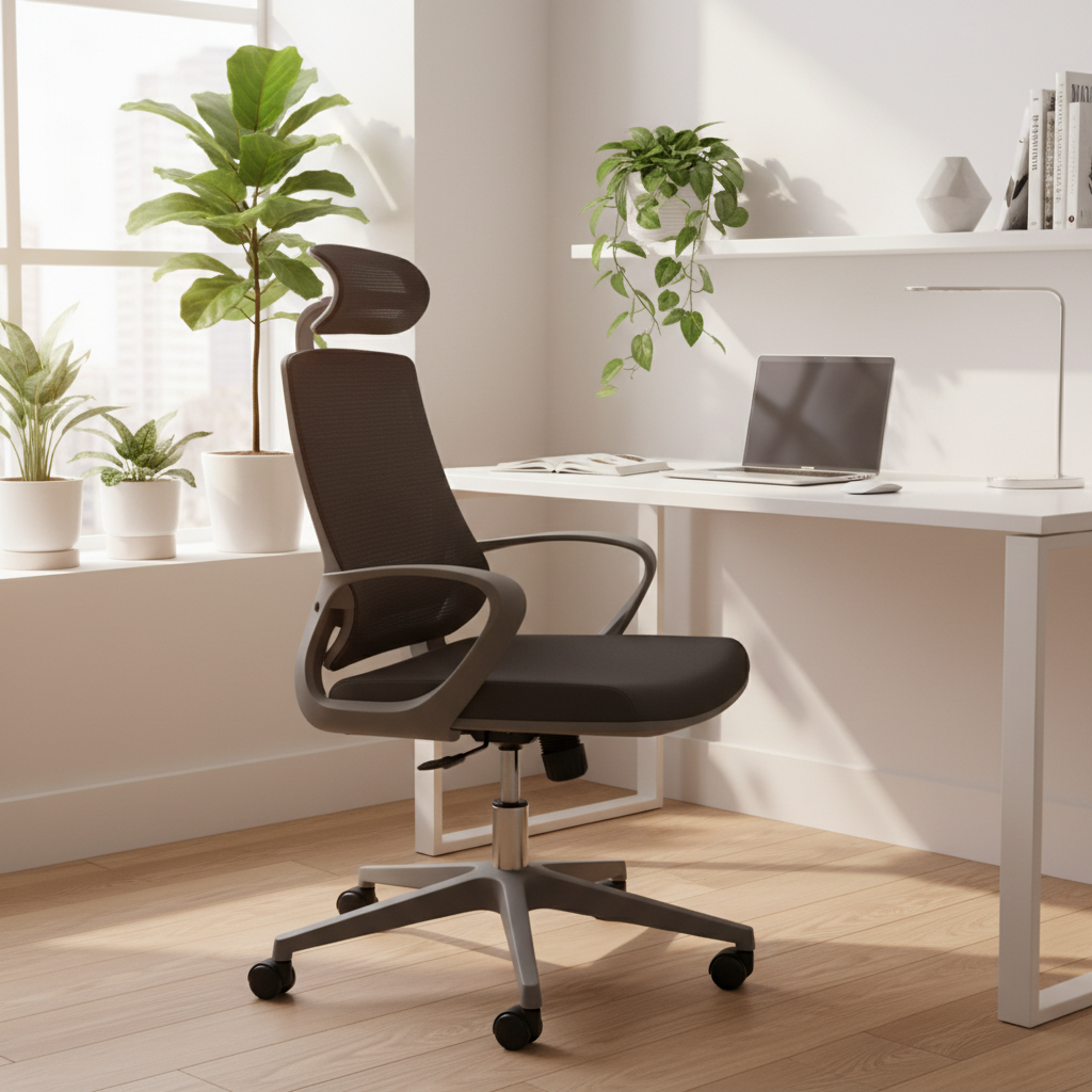 High Back Office Chair with Headrest Grey - Ergonomic Executive Chair UAE