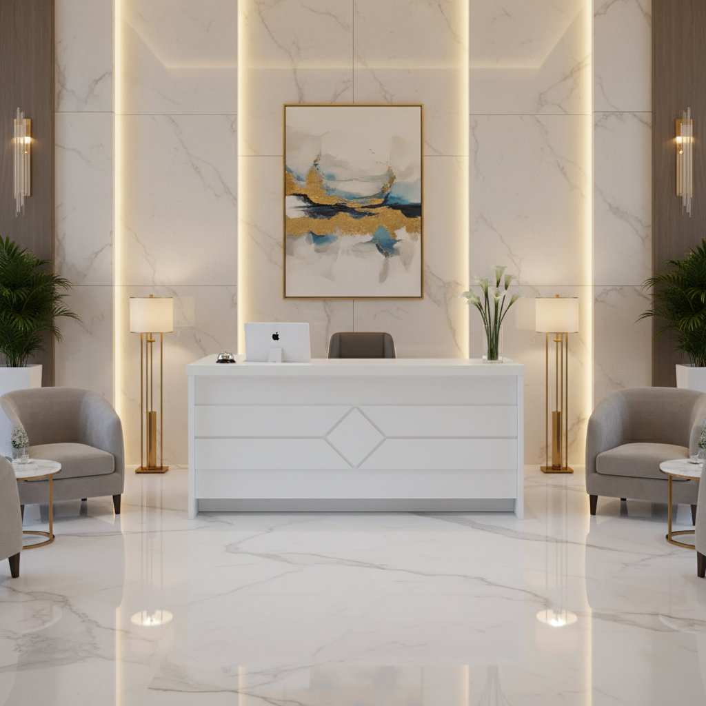 L-Shape Office Table Full White in Hotel Lobby Setting – IH-877-1.6 | Office Furniture UAE