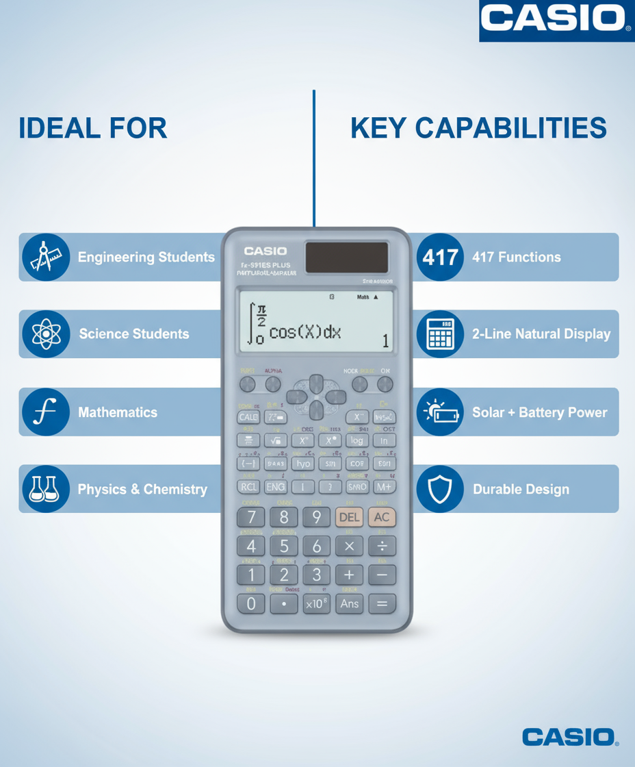 Scientific Calculator Casio FX-991ES Plus 2nd Edition - 417 Functions for Students & Engineers UAE