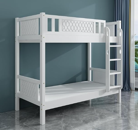 INFINI HOMES Heavy Duty Wooden Bunk Bed With Ladder for Kids, Teens, Bedroom, Guest Room Solid Wooden Bedframe, Full-Length Guardrail 0.9M Color White (without assembly)