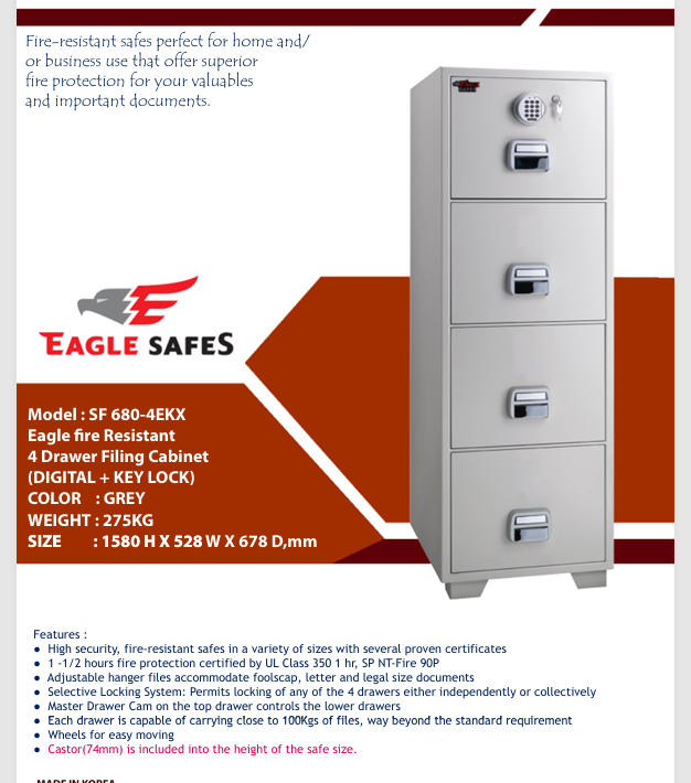 Eagle SF-680-4EKX Fire-Resistant Filing Cabinet UAE | 4 Drawer Digital Lock Safe