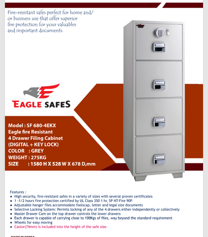 Eagle SF-680-4EKX Fire-Resistant Filing Cabinet UAE | 4 Drawer Digital Lock Safe