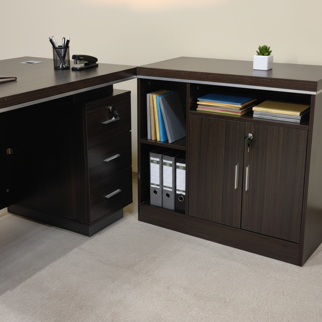 L-Shape Office Desk IH-5214-L | 140×70×75 cm | Coffee, Grey & Khaki