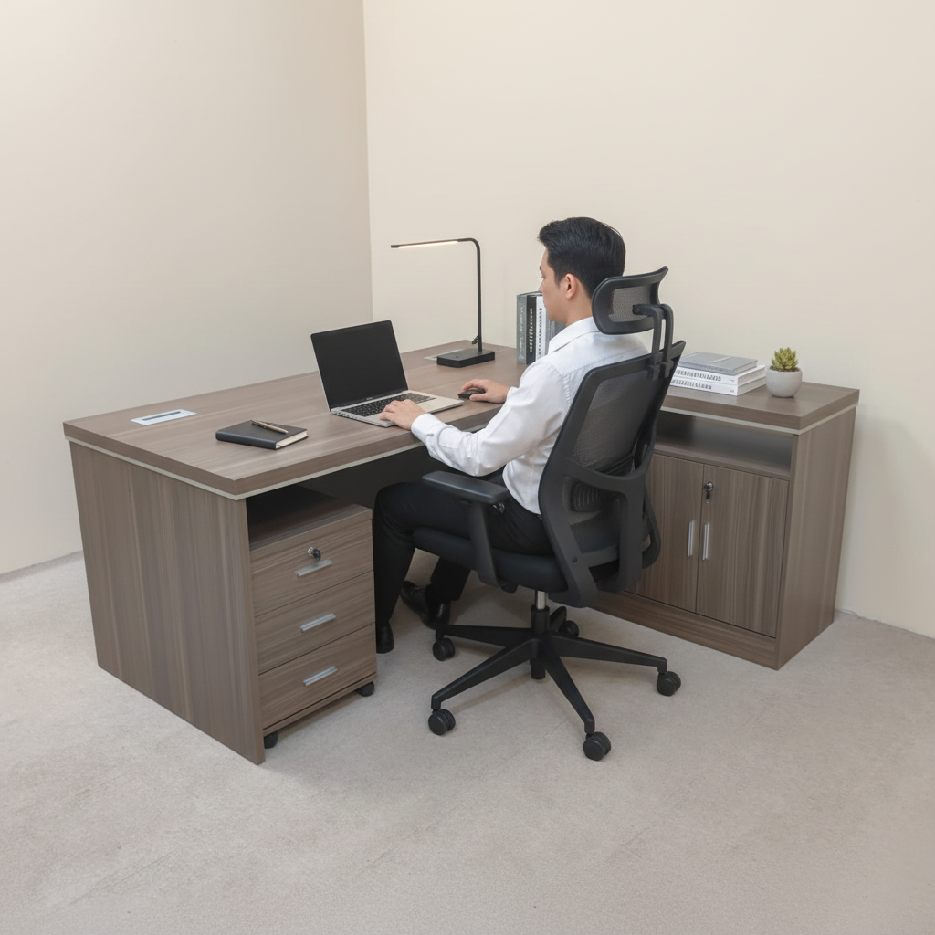 L-Shape Office Desk Return Unit Close-Up with Open Shelves – Manager Desk Storage UAE