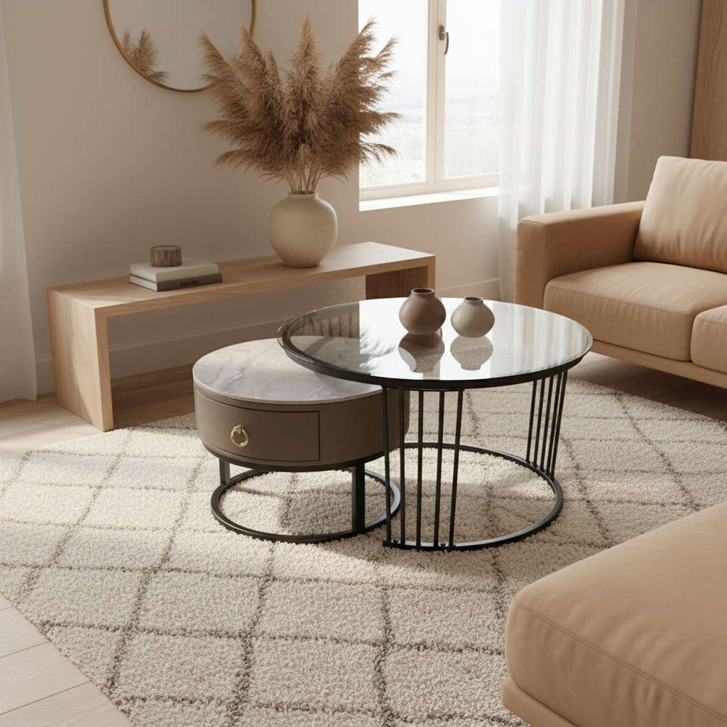 Japandi Style Marble & Glass Coffee Table Set – Minimalist Home Décor UAE
