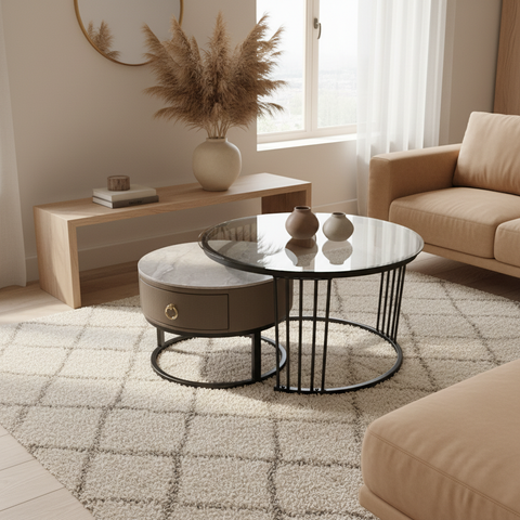 Japandi Style Marble & Glass Coffee Table Set – Minimalist Home Décor UAE