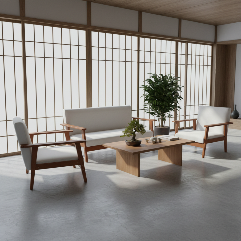 Wooden Sofa Set 3+1+1 | Cherry Wood & Off-White Cushions – INFINI HOMES
