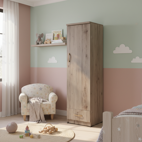Wooden Single Door Wardrobe with Drawer in Kids Bedroom Dubai UAE – IH 111 Lockable Storage Cabinet