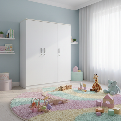 3-Door White Wardrobe in Kids Bedroom - Children's Storage Cabinet UAE Delivery