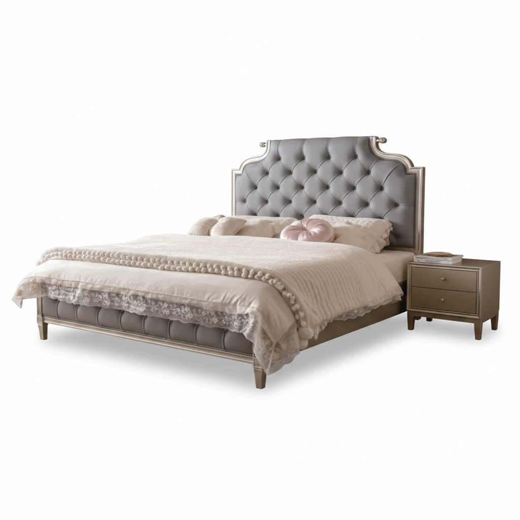 King Size Rubber Wood Bed IH 1982 with tufted PU leather headboard, silver trim, and matching 2-drawer side table – 180x200cm bedroom furniture UAE delivery | INFINI HOMES