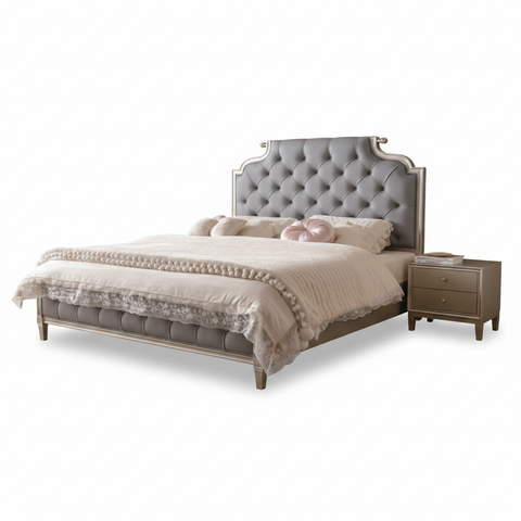 King Size Rubber Wood Bed IH 1982 with tufted PU leather headboard, silver trim, and matching 2-drawer side table – 180x200cm bedroom furniture UAE delivery | INFINI HOMES