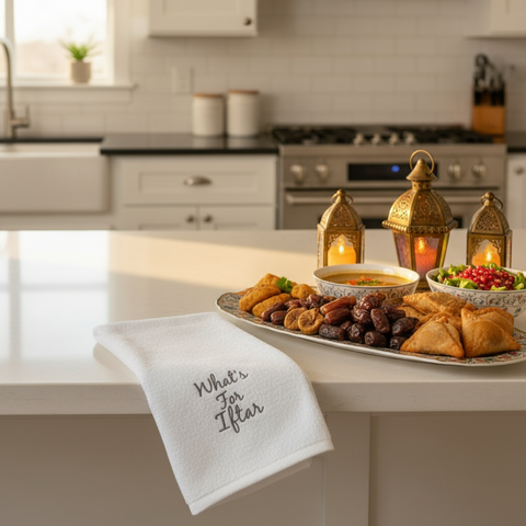 Ramadan kitchen towel displayed with traditional iftar spread - Dubai UAE home decor