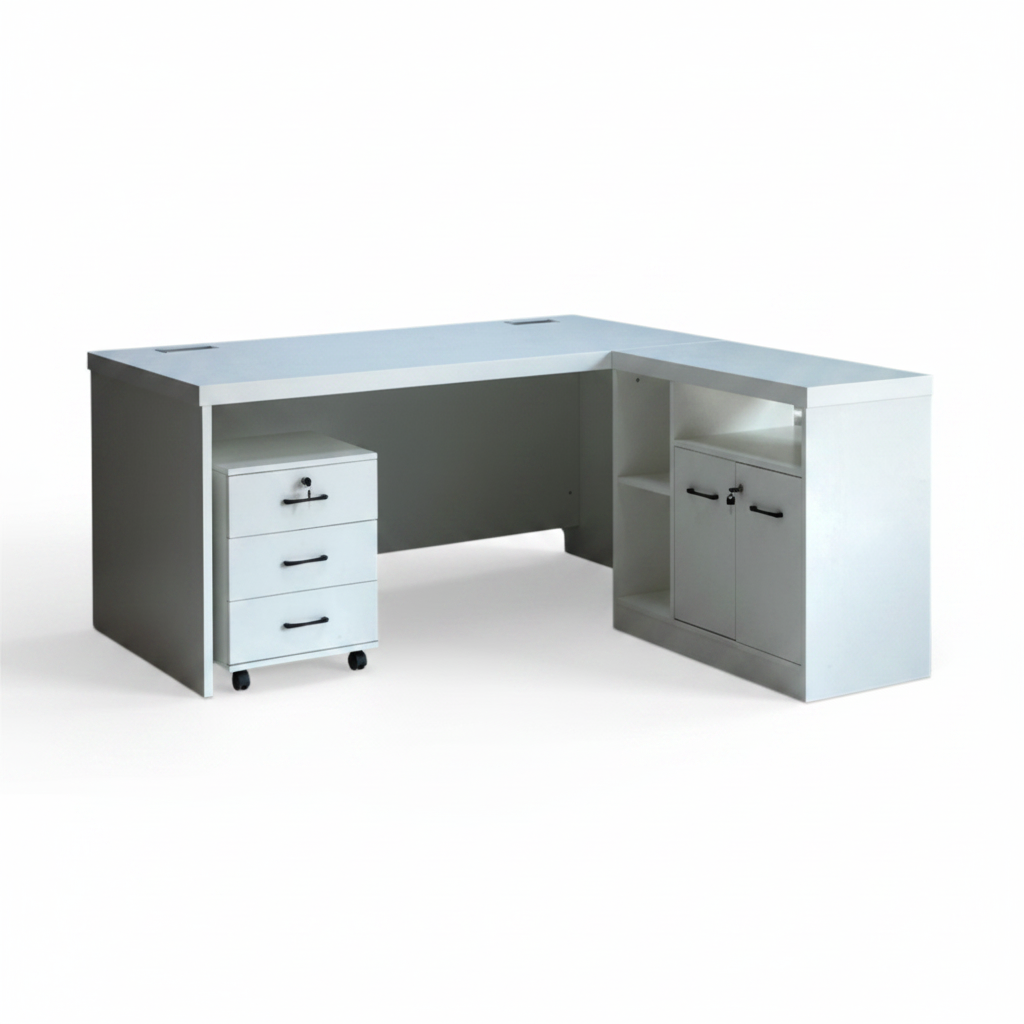 L-Shaped Office Table Full White on White Background – IH-877-1.6 | INFINI HOMES UAE