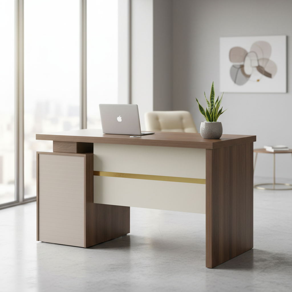 Walnut modern office desk with gold accent panel in a corporate workspace in UAE – IH-L952-WAL 120cm 140cm
