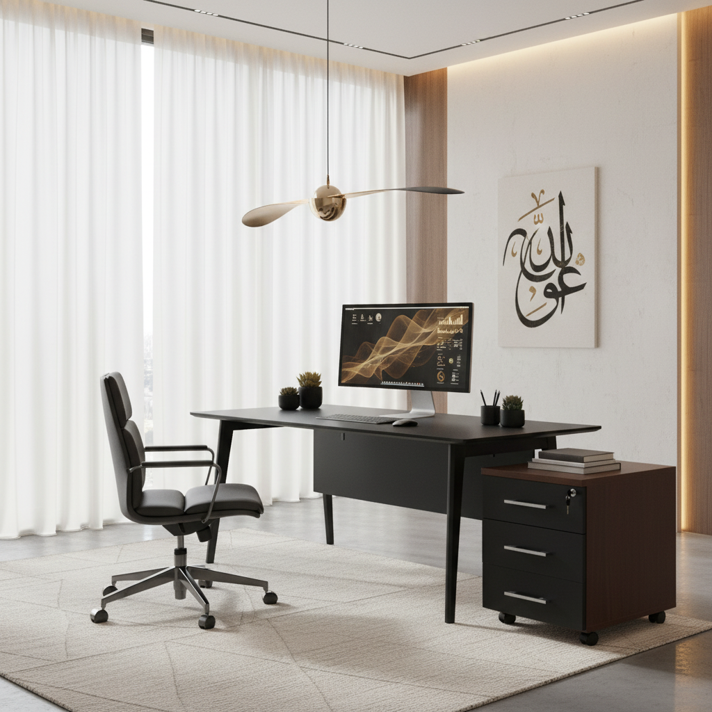 3 Drawer Wooden Mobile Pedestal in premium executive office with Arabic calligraphy wall art – luxury office furniture UAE