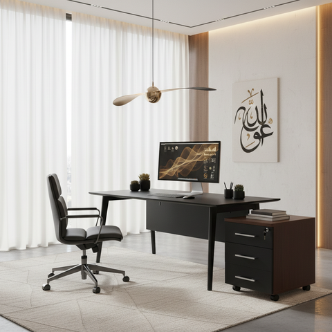 3 Drawer Wooden Mobile Pedestal in premium executive office with Arabic calligraphy wall art – luxury office furniture UAE